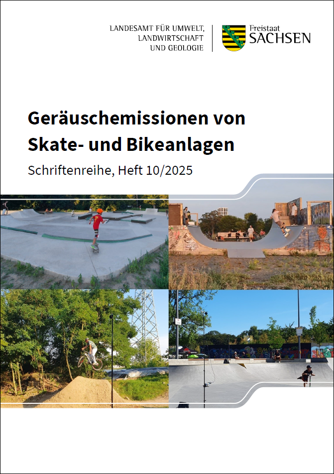 Titelbild der Publikation Geräuschemissionen von Skate- und Bikeanlagen: weißer Hintergrund, LfULG-Logo rechts oben, Überschrift mittig, vier Bilder von Skate- und Bikeanlagen jeweils mit einer Person